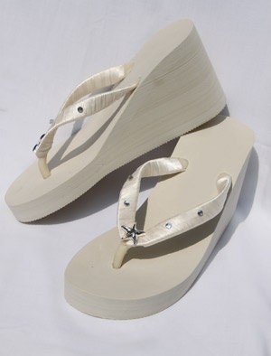 Bridal Ivory Wedge Flip Flops Ivory Bridal Sandals Ivory Bridal Shoes with Starfish and Rhinestones Design