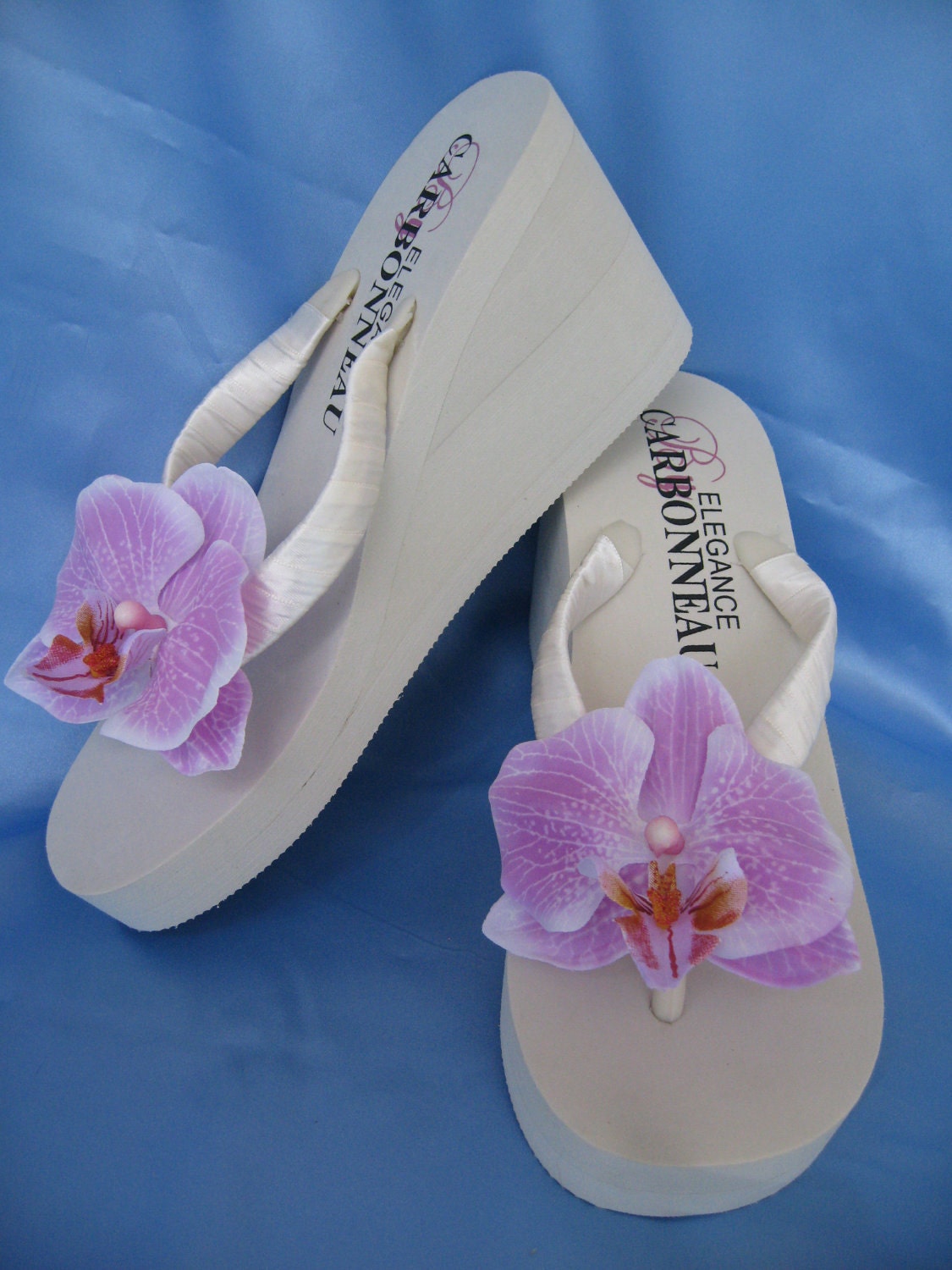 Ivory Wedge Bridal Flip Flops Ivory Bridal Sandals Ivory Bridal Shoes with Purple Orchid Flower