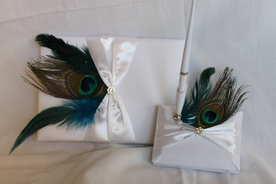 Beautiful Peacock Feathers Wedding Guestbook and Pen Set