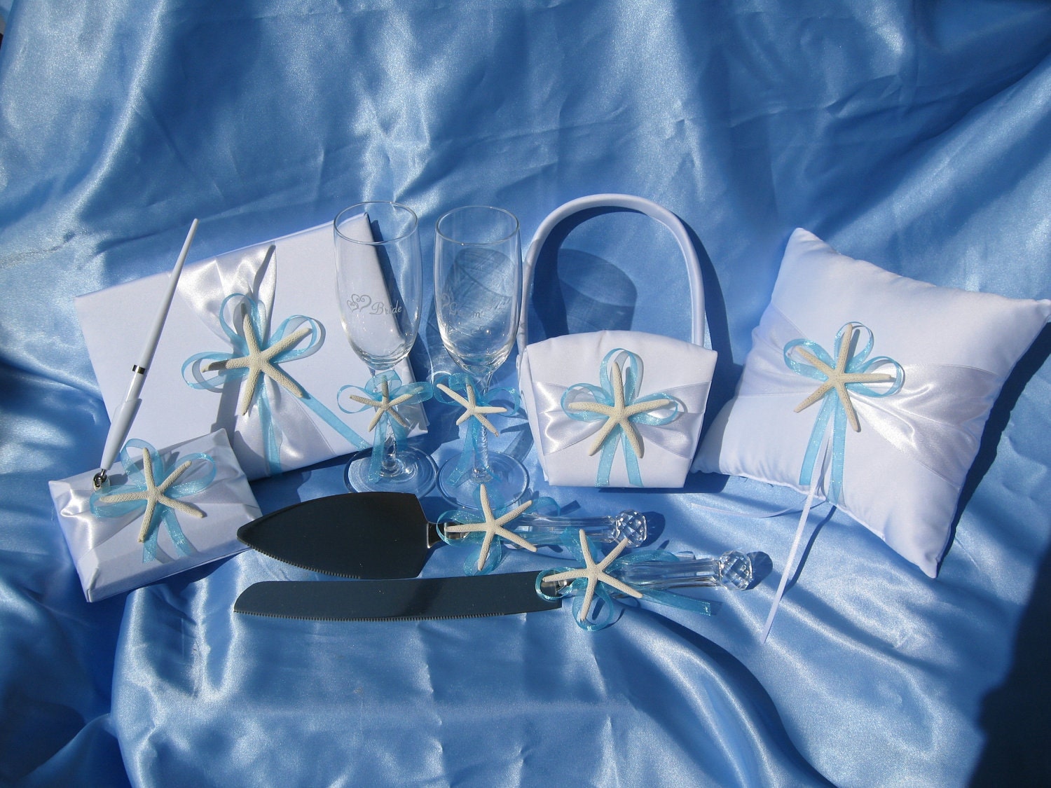 Flower Girl Basket Ring Pillow Guest Book and Pen Toasting Flutes Cake Server Set Real Starfish