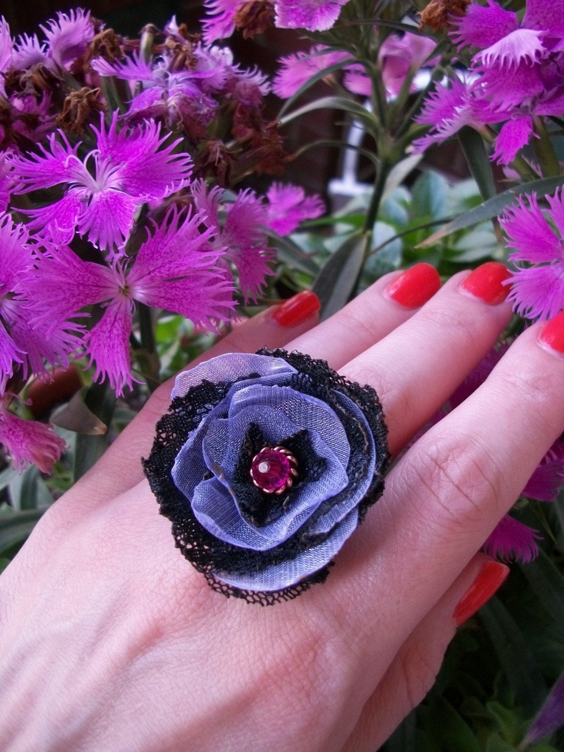 Corabell Cocktail Ring - Black Tattered Lace Handmade Flower with Crystal Center