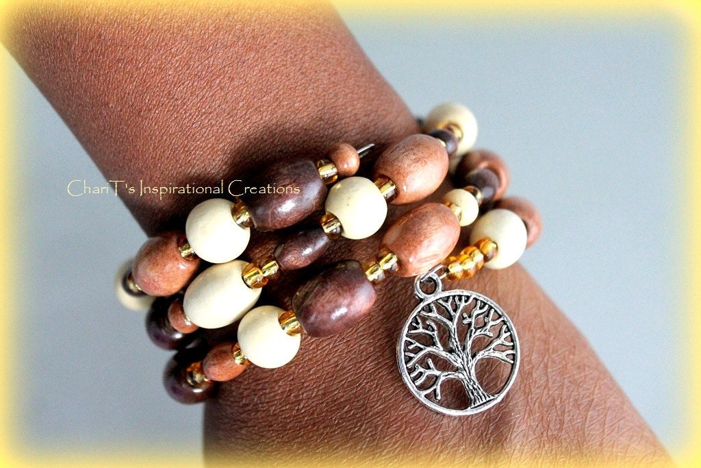 Brown Wood beaded Tree of Life memory wire bracelet