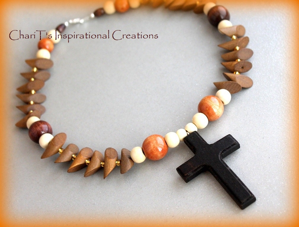 Shades of Brown Wood bead Cross Necklace