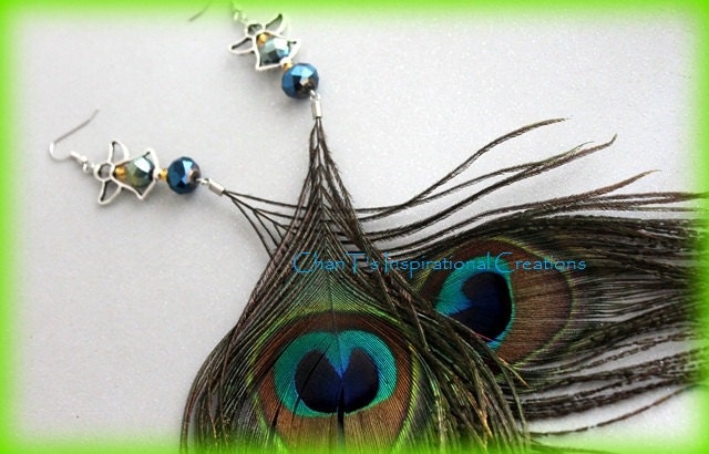 Divalicious Angel Peacock Feather Earrings