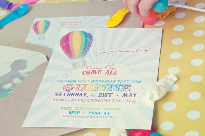 Rainbow Hot Air Balloon Birthday Invitation- Printable