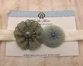 Baby Flower Headband - Newborn Headband - Photo Prop - Antique Blue Victorian Flowers on Ivory Stretch Elastic Headband