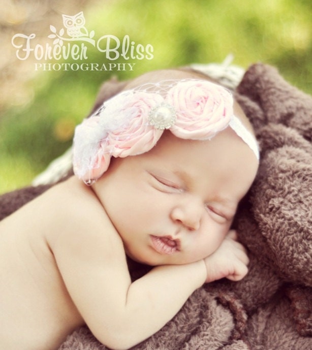 Baby Flower Headband - Rosette Flower Headband - Photo Prop - Light Pink Rosette Flowers with Russian Veiling on White Lace Elastic Headban