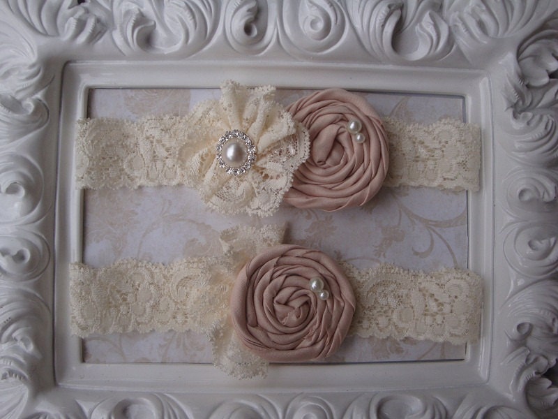 Wedding Garter - Bridal Garter - Ivory and Champagne Rosette Garter and Toss Garter Set