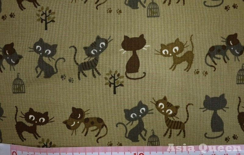 The naughty cats - khaki - half yard - cotton linen