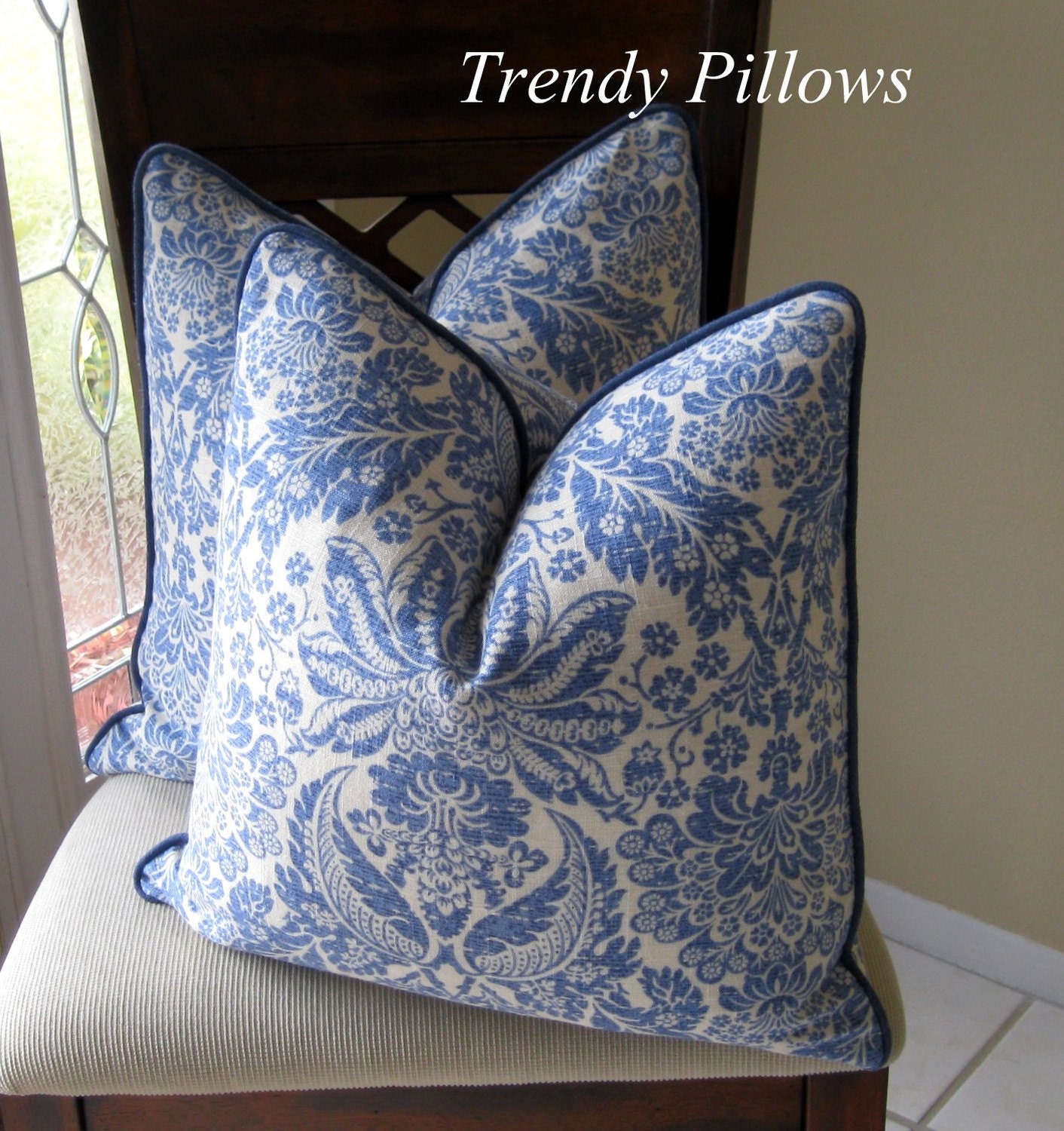 Blue and White Floral Linen Pillow Cover by trendypillows on Etsy