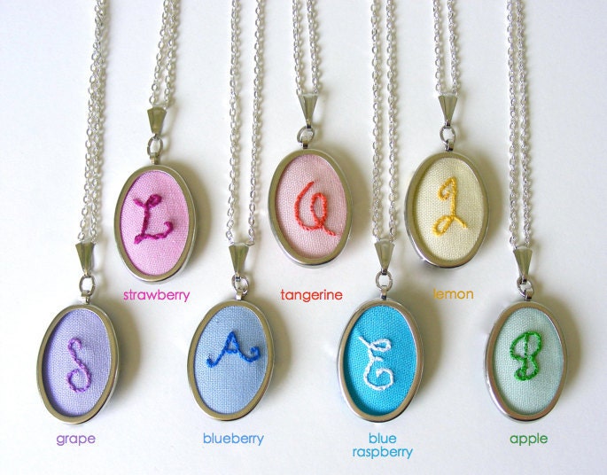 Hand Embroidered Necklace Custom Monogram Initial Letter Pastel Pendant & Chain