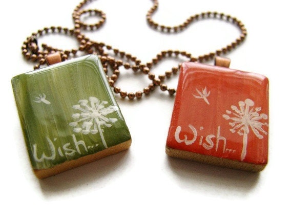 Dandelion Wish Scrabble Tile Necklace Hand Painted in Coral Pink or Olive Green - heversonart