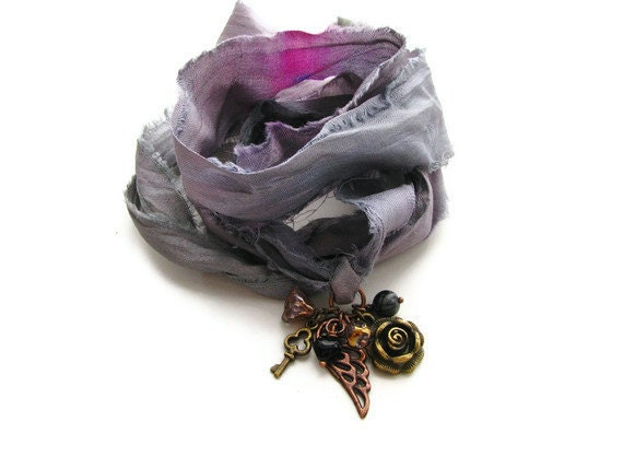 Grey and Fuschia Silk Wrap Bracelet or Anklet With Rose, Wing, Key, Heart, Romantic Charms - heversonart