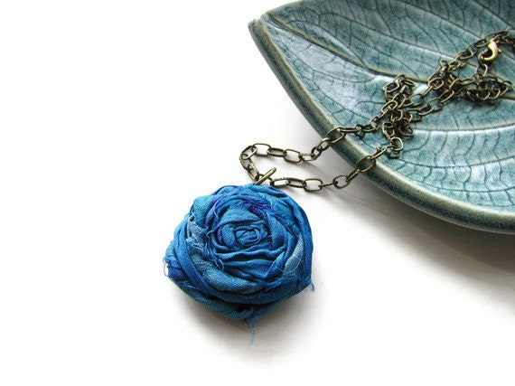 Shabby Chic Single Silk Rosette Necklace in Peacock Blue and Antique Brass Chain - Romantic Rosette - heversonart