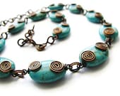 Turquoise Magnesite Necklace with Wire Wrapped Rustic Copper Coils Hand Forged Chain - heversonart