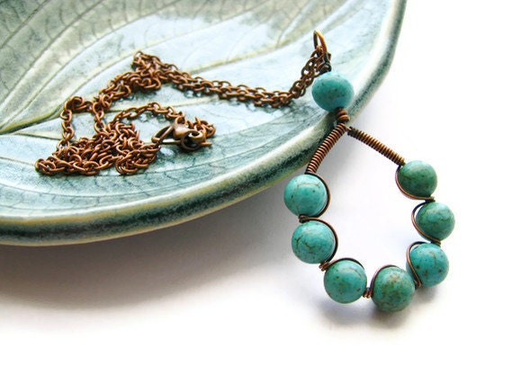 Turquoise Hoop Copper Necklace Wire Wrapped with Turquoise Magnesite