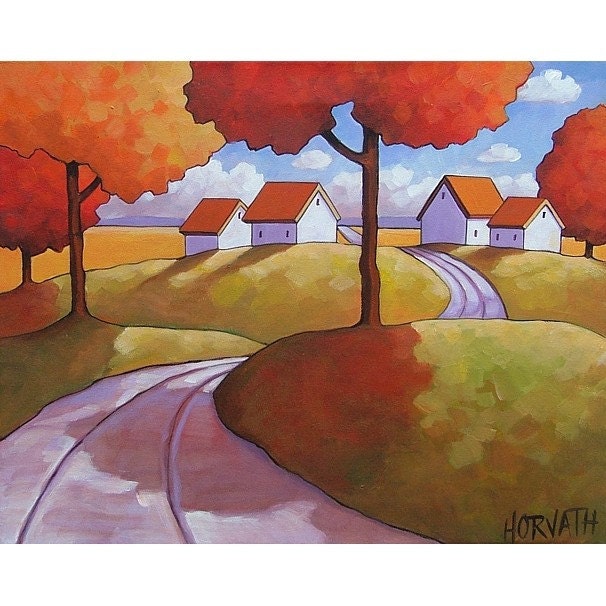 PAINTING ORIGINAL Abstract Folk Art Modern Road Autumn Landscape Colorful Contemporary Fine Artwork by Catherine Horvath Buchanan 16x20