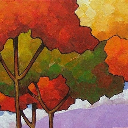 ORIGINAL PAINTING Folk Art Abstract Purple Mountains Trees Landscape Colorful Contemporary Fine Artwork by Cathy Horvath Buchanan 14x18