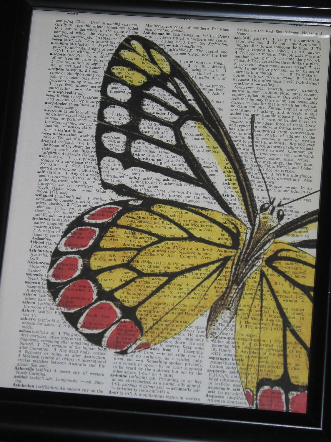 Butterfly Dictionary Art Print Book Page Upcycle Wall Art 8 x 10 Black Pink Yellow