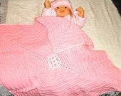 Baby Girl Sweater, Blanket, Hat Set, Crochet, Pink, Beanie, Newborn, (0-3 months),