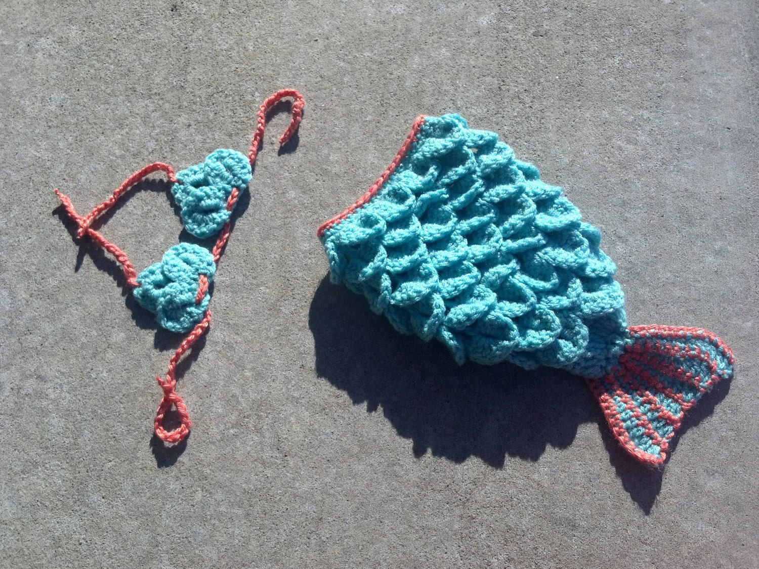 Newborn Crochet Mermaid Tail and Shell Top - Aqua With a Coral Accent - Made to Order - Photography Prop