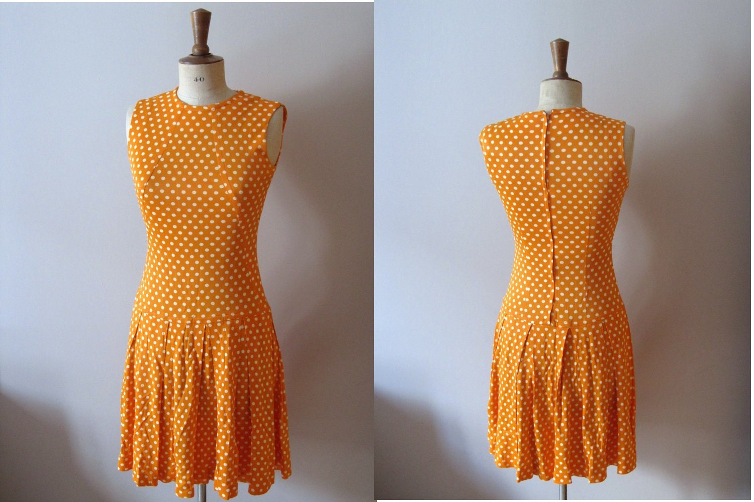 vintage 1960s orange polka dot pleated dress
