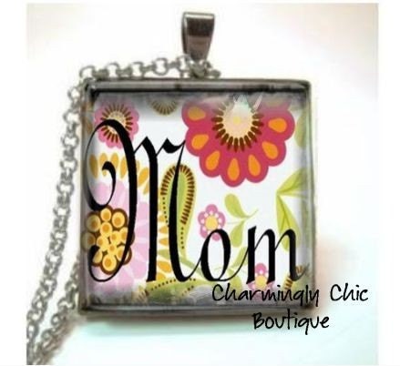 Beautiful Scroll Lettered Mom (021) Pendant Necklace with Domed Glass Inspired from Glass Tile Scrabble tile jewelry