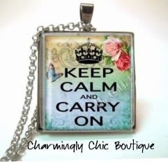 Vintage Inspired Keep Calm and Carry On Blue with Roses (166) Necklace with Domed Glass