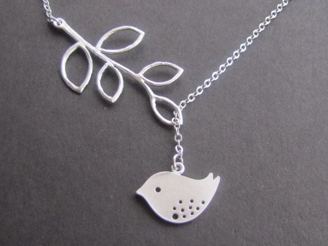 Branch and bird lariat in white gold