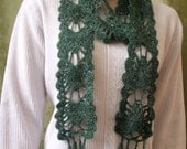 Green with white accent hand crocheted lacy scarf.