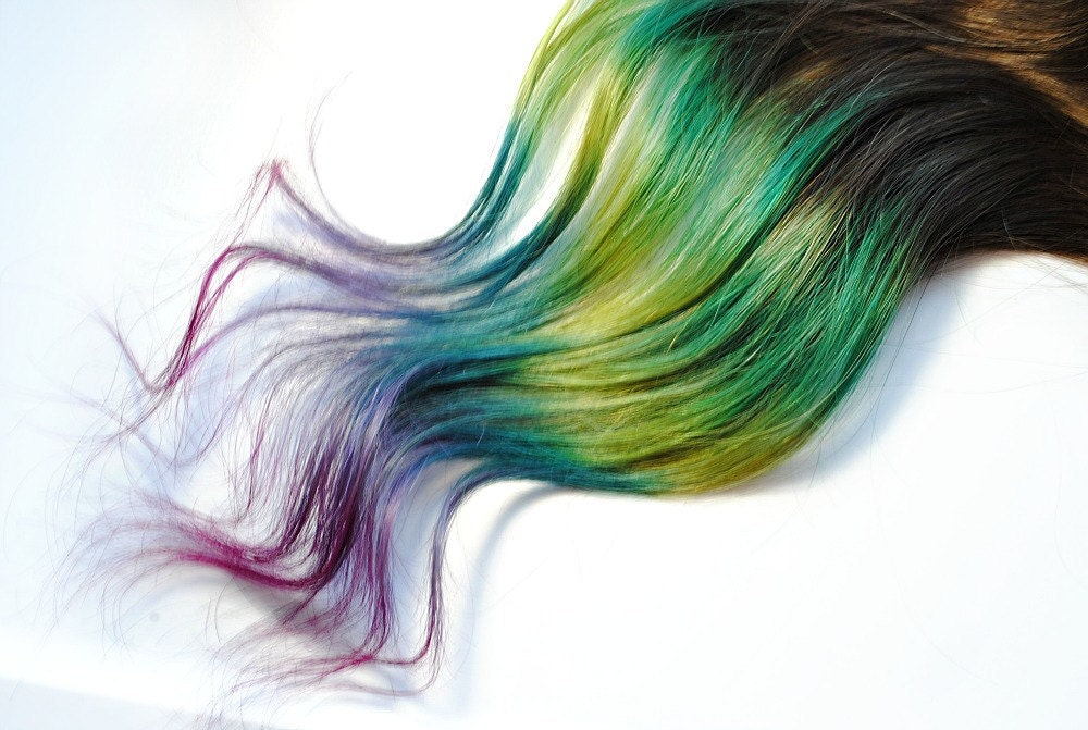 RESERVED Peacock - Human Hair Extensions - Dip Dyed Tips / Tie Dyed Clip Ins // Brown Blue Green Purple Pink / Rainbow Ombre