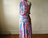 VINTAGE 1980s  WATERCOLOR Silk Print Tea Dress