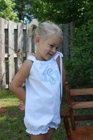 Girls bubble pillowcase romper in blue seersucker with monogram
