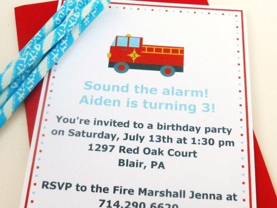 Fire Truck Birthday Invitation Boy's Party Red Engine