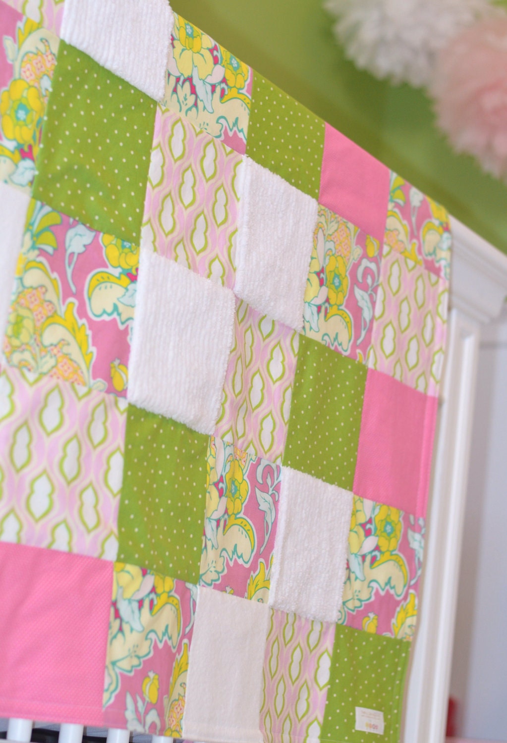 Baby Blanket/Quilt- Green, Pink and White - Heather Bailey Fabrics