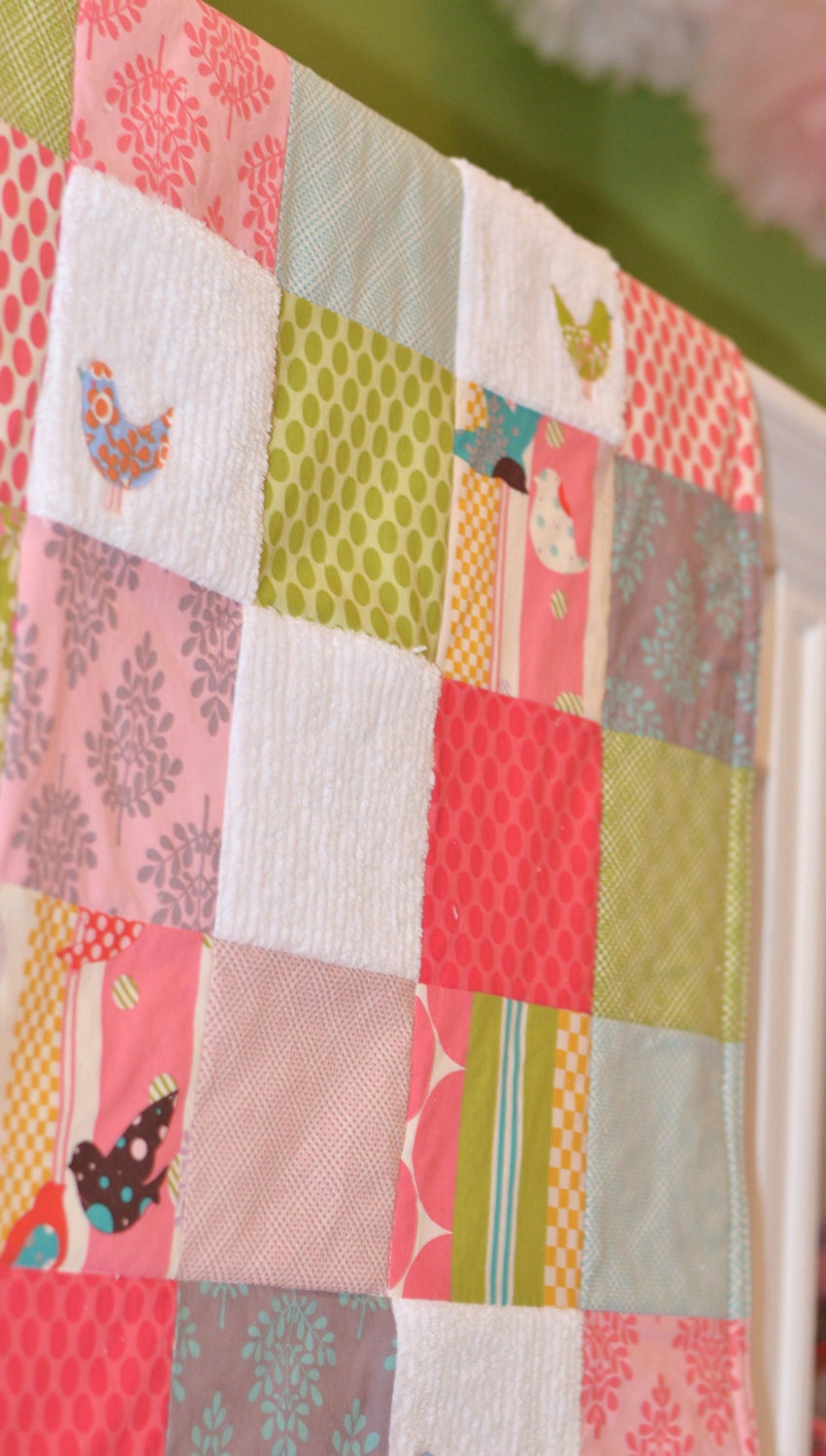 Baby Blanket Large Patchwork Girl's Baby Blanket / Quilt - Little Birds, It's a Hoot Fabrics, Chenille and Flannel