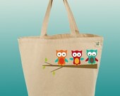 Canvas Tote Bag-Large Carry All Recycled Organic Tote- What a Hoot-3 Owls On A Branch