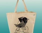 Canvas Tote Bag-Large Carry All Recycled Organic Tote- Baby Buggy 1-Vintage Stroller-Baby Carriage
