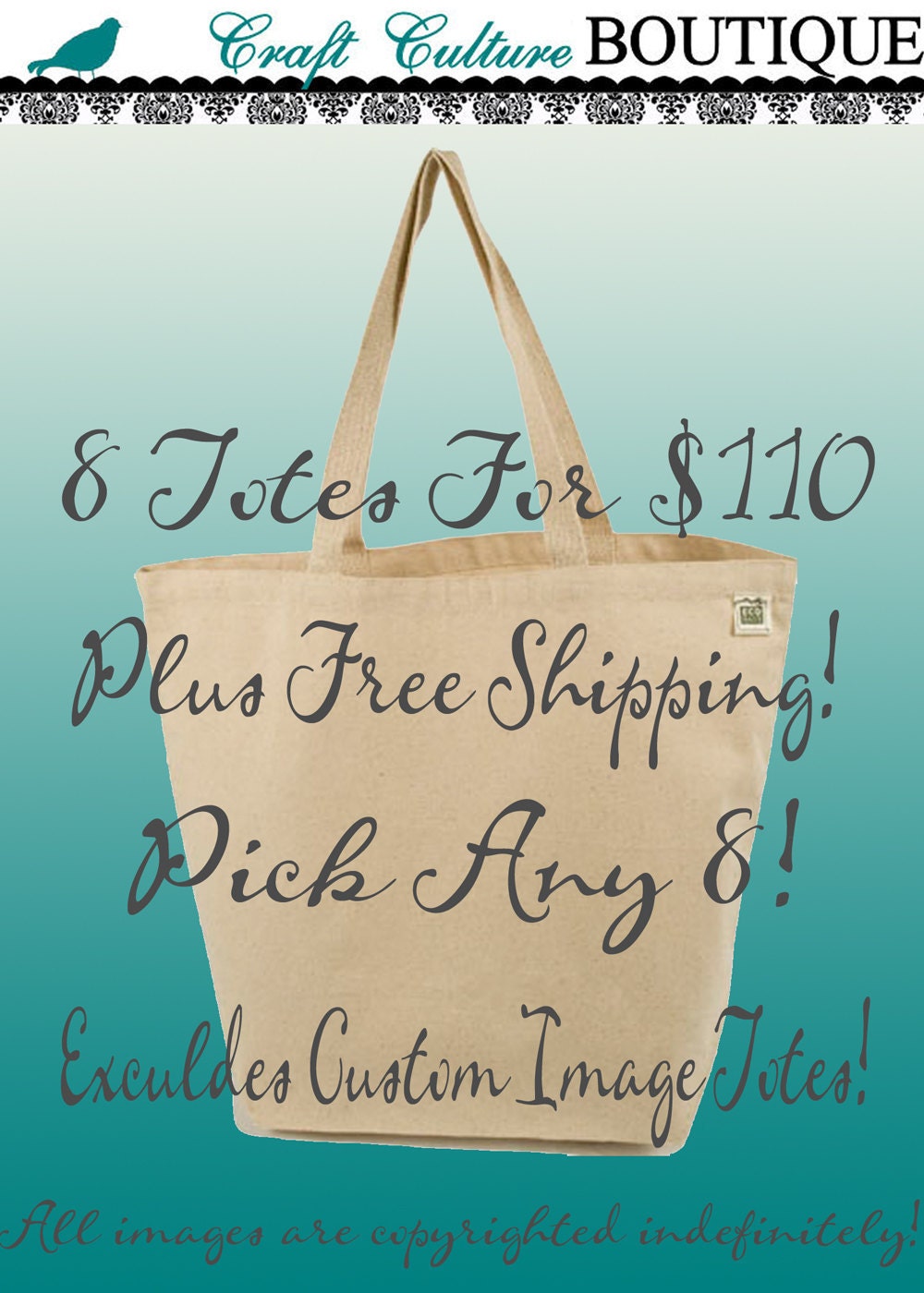 Canvas Tote Bag-Large Carry All Recycled Organic Tote - Pick Any 8 - 8 Totes for  110 -PLUS FREE SHIPPING-Great Holiday Gift or Any Occasion
