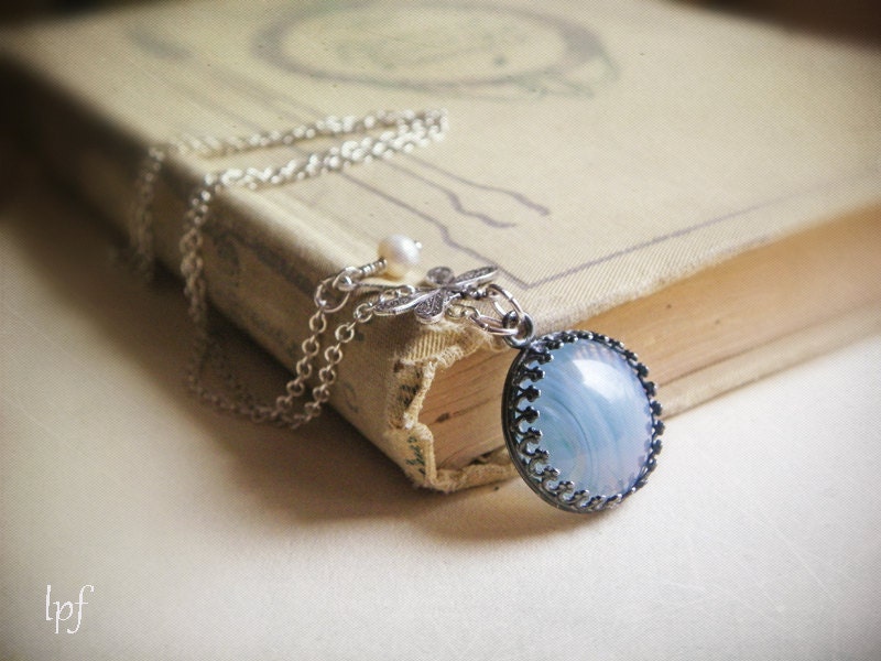 Romantic Necklace- Ciel du Matin- Art Nouveau inspired. Vintage opal sky blue glass jewel, silver dragonfly, freshwater pearl