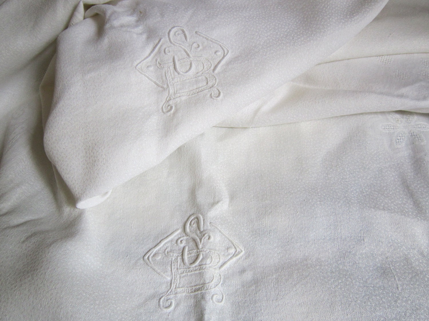 Vintage French linen weave damask double monogram SB tablecloth 63" x 94"