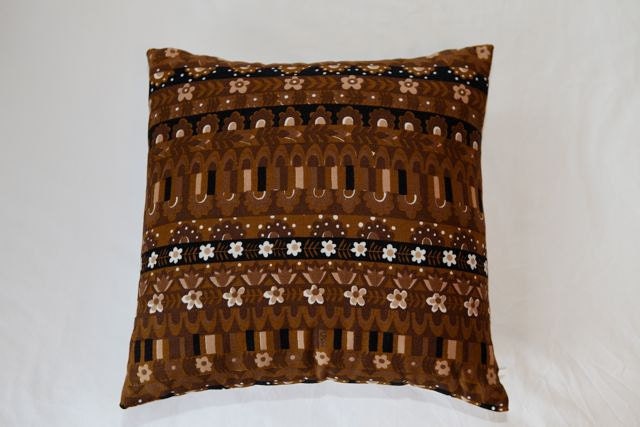 Vintage Vera Neumann black, brown, and white folkloric napkin pillow
