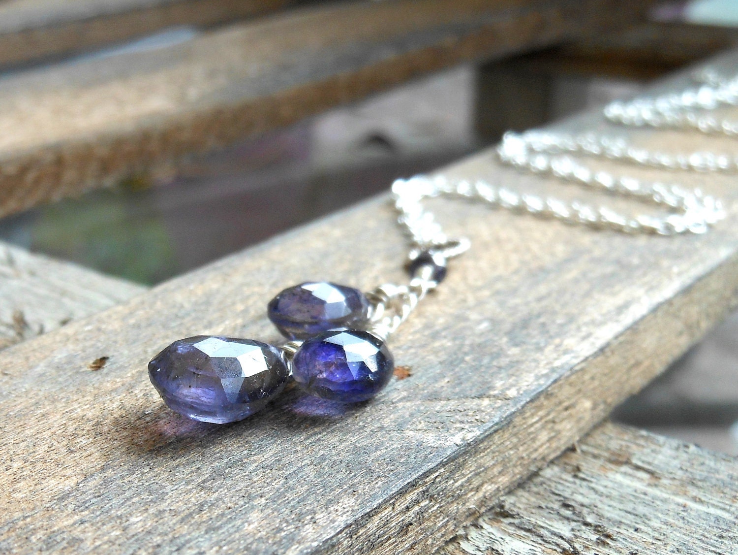 Silver Iolite Necklace Sterling Silver Teardrops Cascade of Blue Gemstones by Aerides Designs