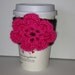 Grey Crochet Coffee Cozy Sleeve with Bright Pink Flower