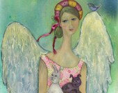 Giclee Angel and her Dog, Cat, Rabbit In Pink and Teal
