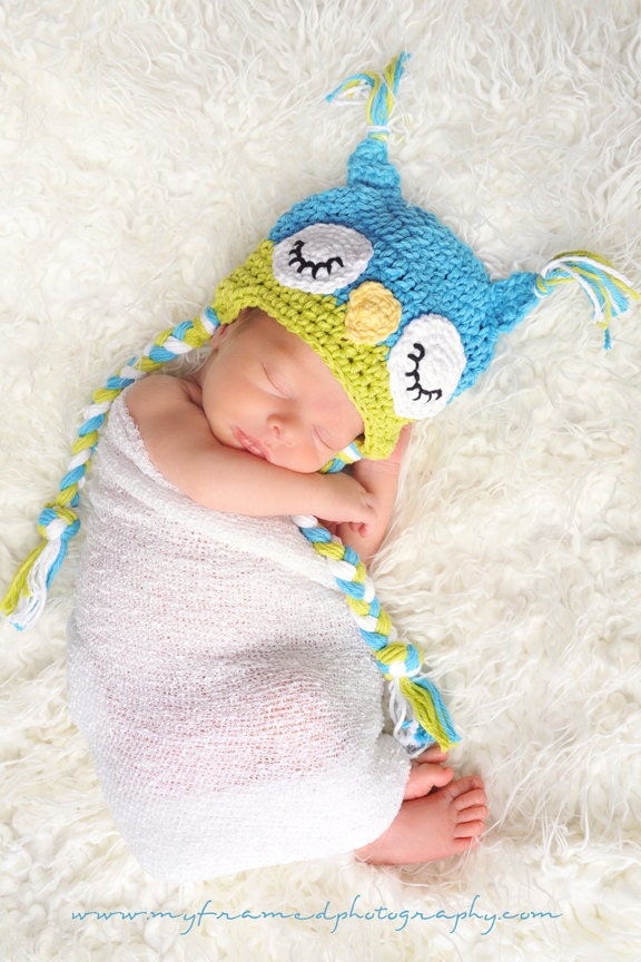3-6 Months Boy Photography Prop Sleepy Owl Hat Blue and Green