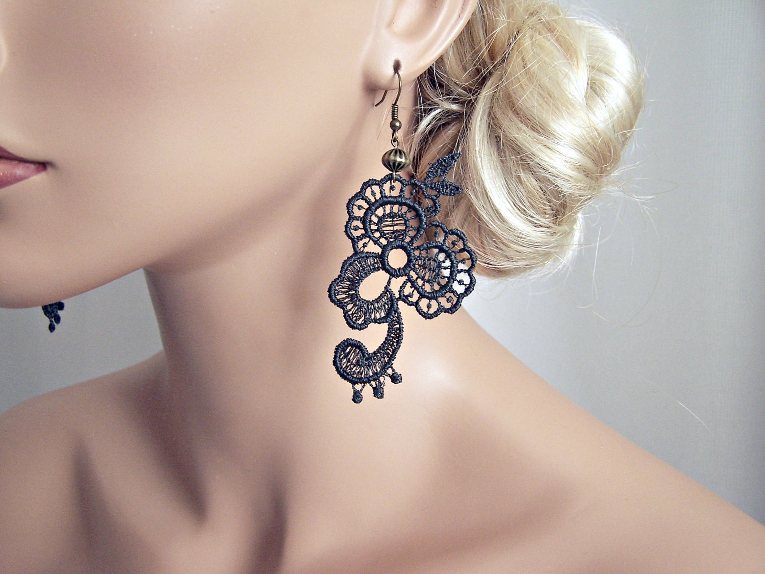 Wisteria lace earrings charcoal grey very short version