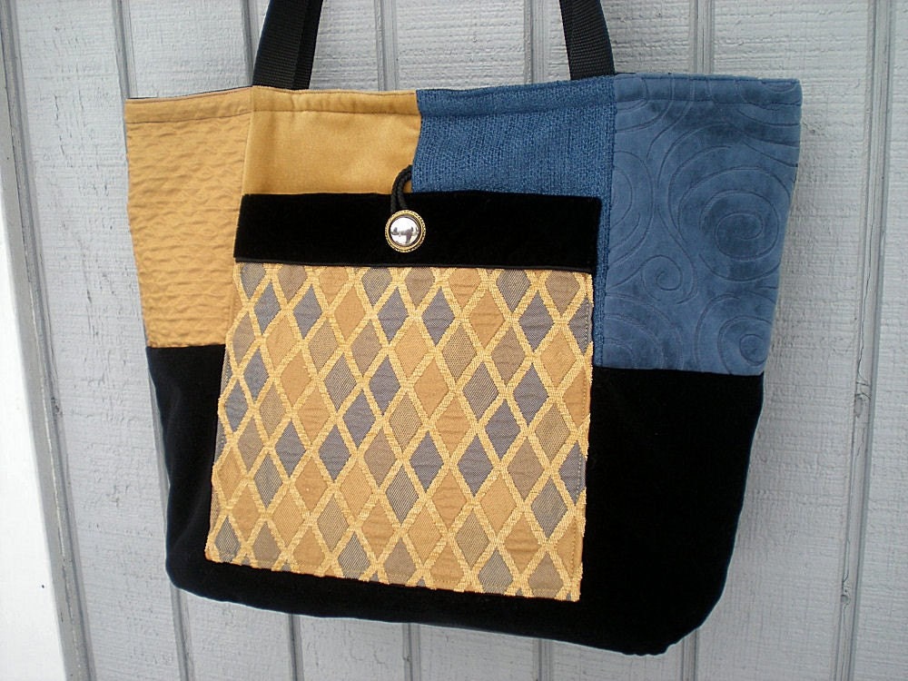 Fabric Tote Bag, Slate Blue Velvet, Large Fabric Shoulder Bag, Black Velvet, Yellow, Womens,  Front Pocket, Zippered, Patchwork