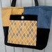 Fabric Tote Bag, Slate Blue Velvet, Large Fabric Shoulder Bag, Black Velvet, Yellow, Womens,  Front Pocket, Zippered, Patchwork