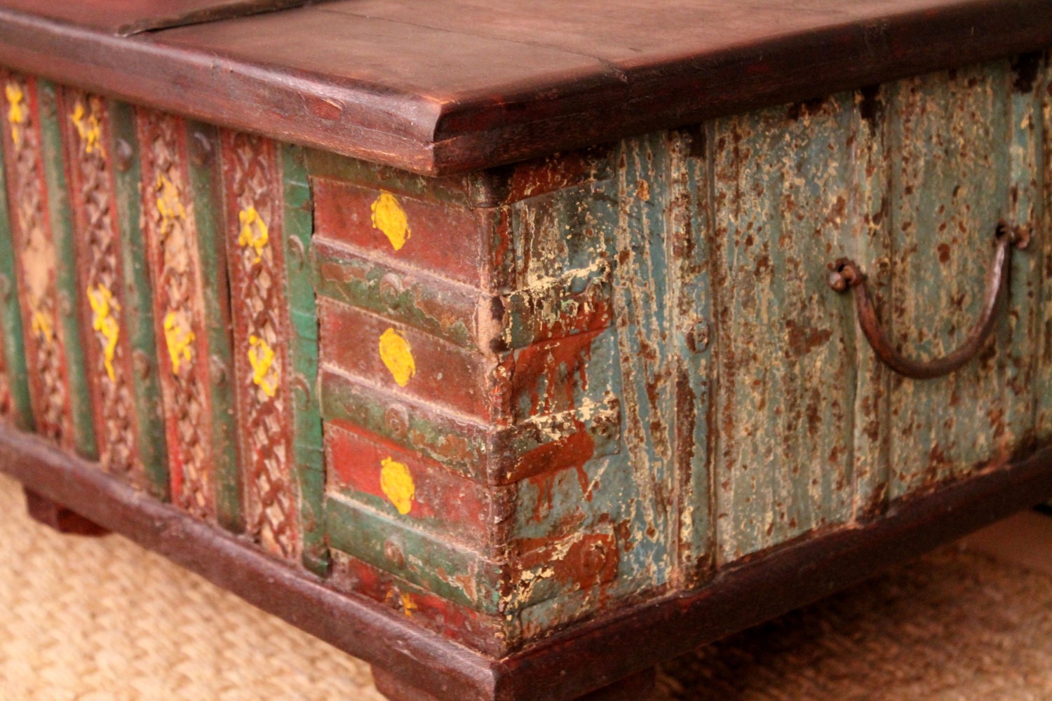 RESERVED for JANE Reclaimed Wood Coffee Table Storage Trunk Rustic Red Green